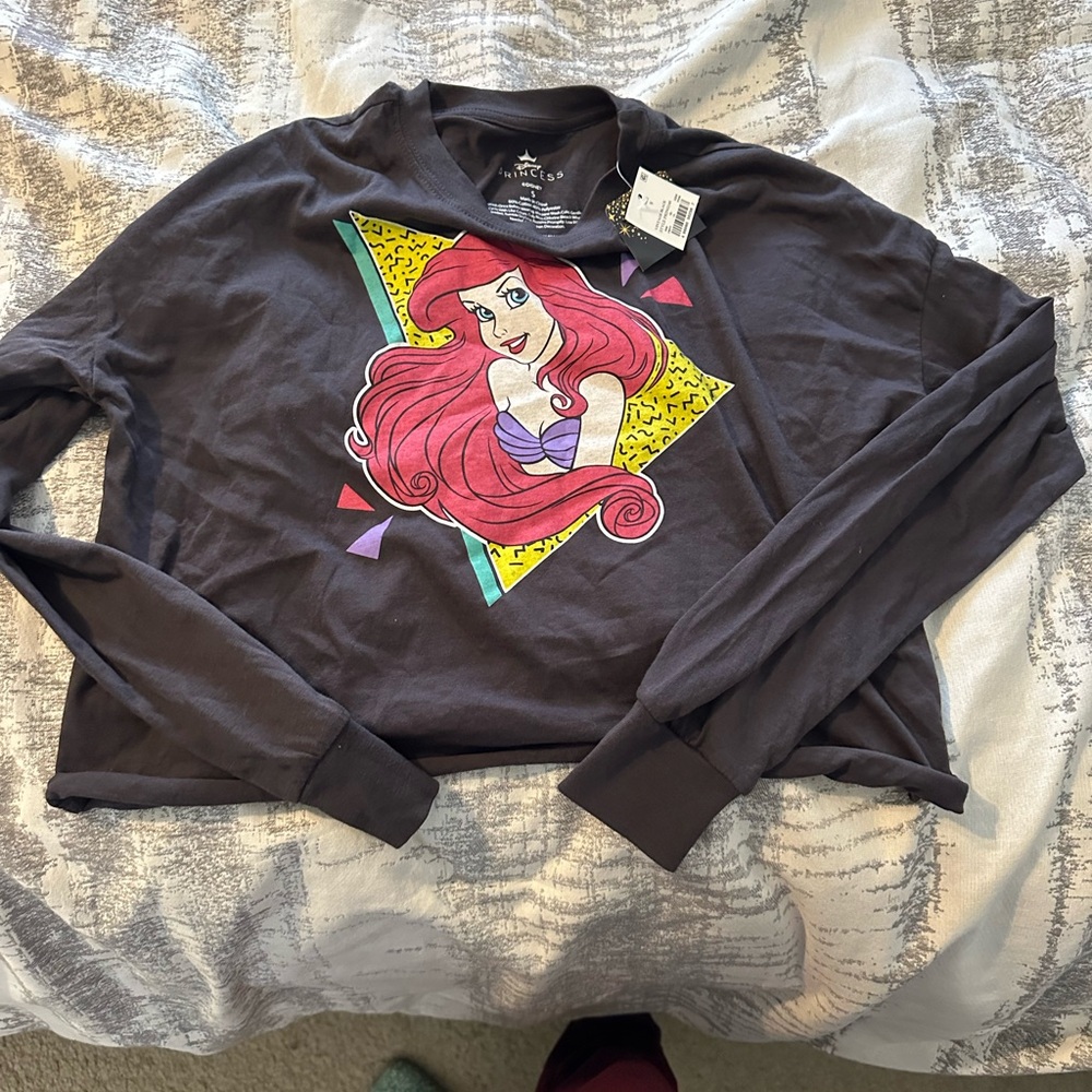 Womens Disney Princess Ariel Little Mermaid 80s Style Long Sleeve Cropped Tshirt